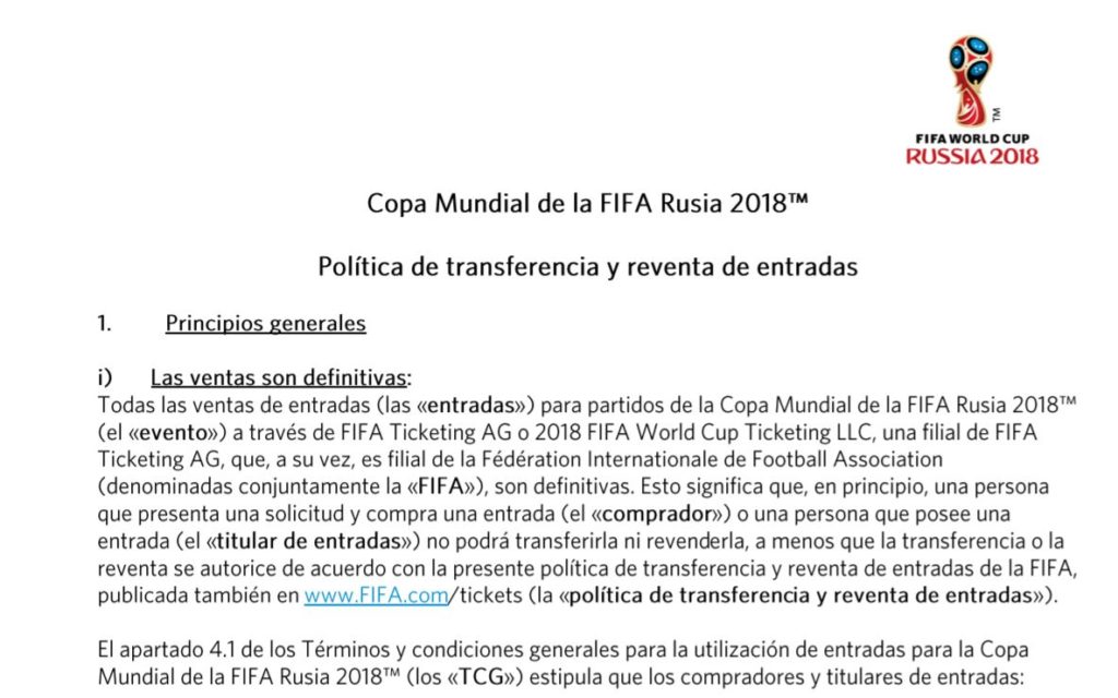 política de transferencia y reventa de entradas - copa mundial 2018 - venta de entradas de fútbol - onebox